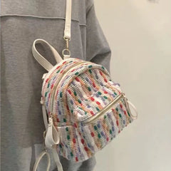 Hnewly  Rainbow Knit Backpack Women Harajuku Color Block Small Capacity Student Backpack Ladies Fashion Unique Daily Mochilas Mujer