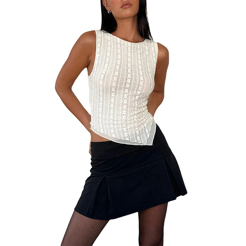 Hnewly Lace Tank Top y2k Clothes Women Sheer Floral Round Neck Sleeveless Asymmetrical Hem T Shirt 2000s Clothing Streetwear