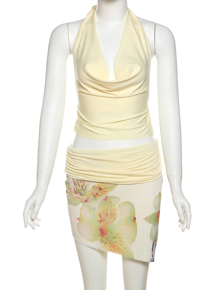 Hnewly 2-Piece Set Women Halter Y2K Backless Swing Collar Tank Tops+Wear Both Front And Back Patchwork Skirts Matching Suits