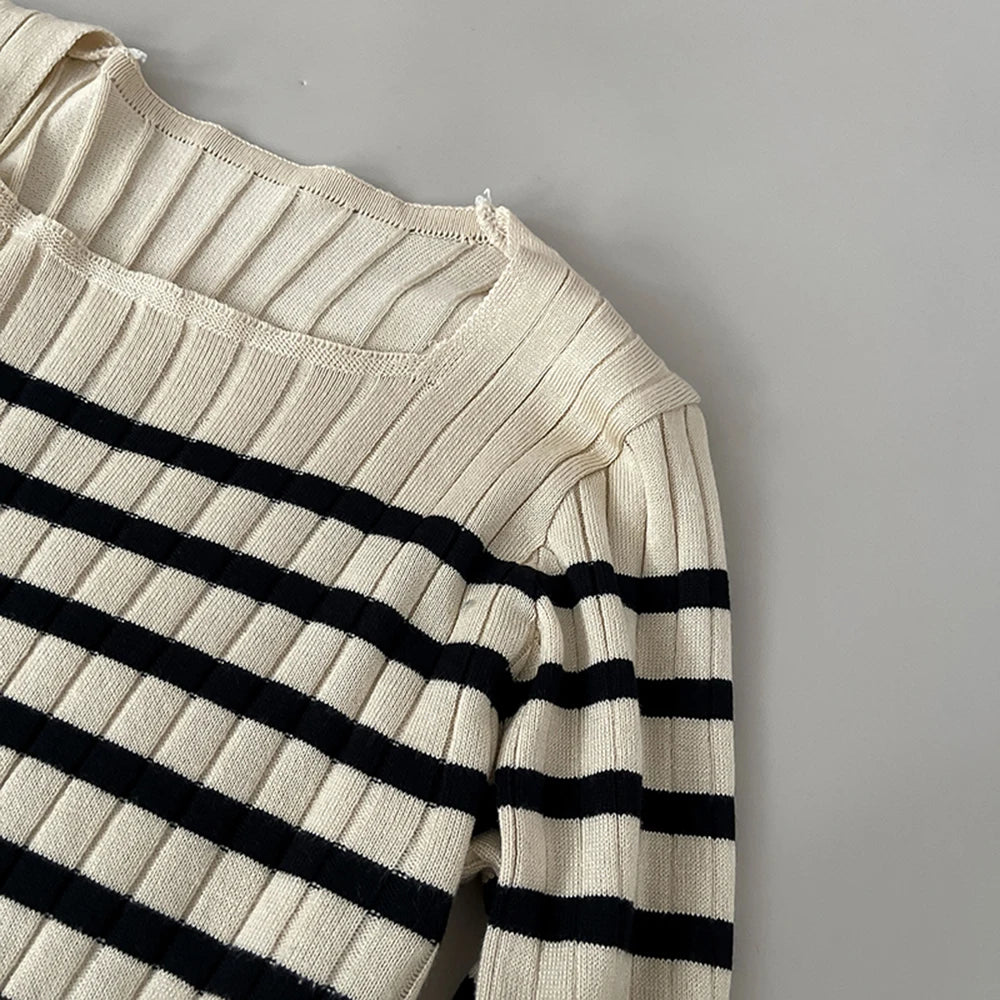 Hnewly  Striped Lace Trim Knitted Sweater 2025 Women's Spring Autumn New Long Sleeve T-Shirt Slim Fit Pullover Base Layer Tops