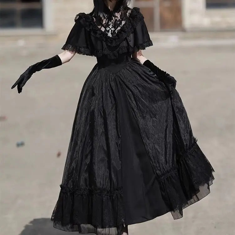 Hnewly  Lolita Style Retro Runaway Princess Gothic Black Dress Women Courtly Lace Ruffles Big Hem Slim Vintage Dress