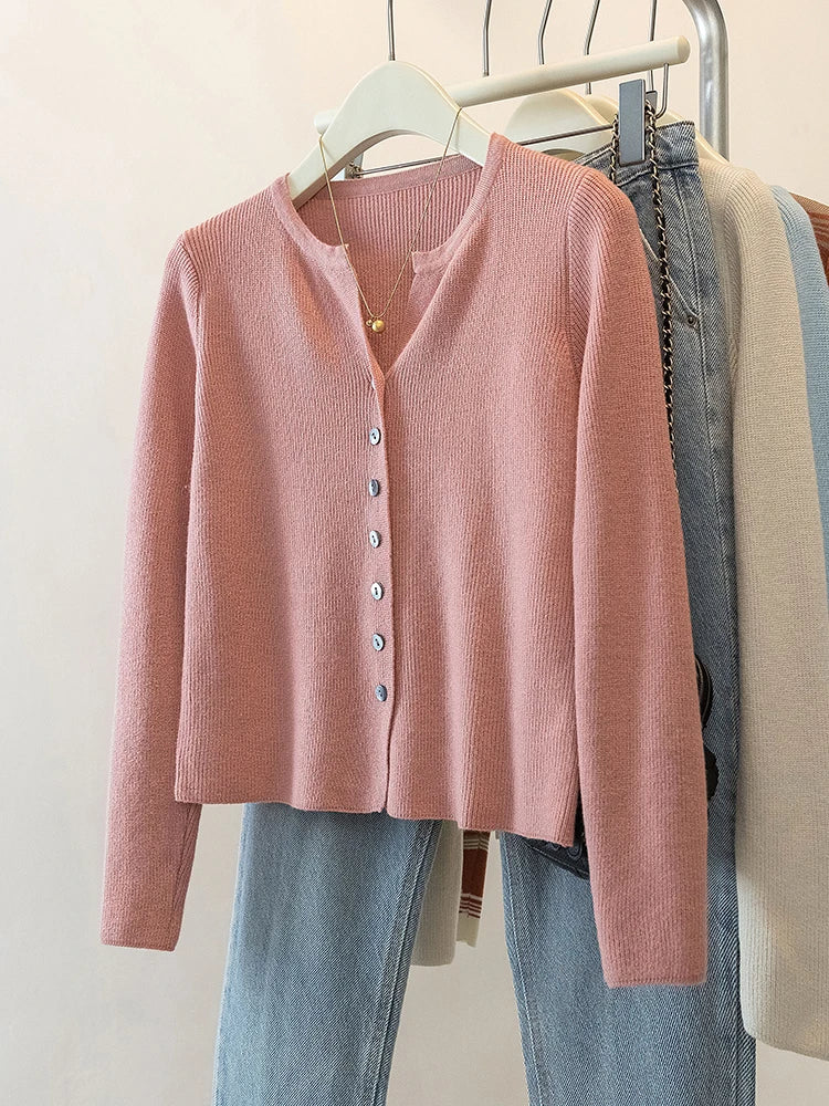 Hnewly Blue Knitted Cardigan Sweater Women's French Autumn  Winter Soft O-neck Single Breasted Outwear Elegant Long Sleeved Slim Top