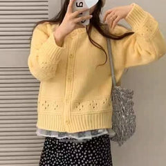 Hnewly  Pointelle Cardigan Women Long Sleeve Crew Neck Button Down Knit Sweater Jacket Autumn Winter French Chic Outfit