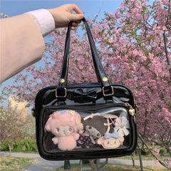 Hnewly  Sweet Bow Black Ladies Ita Bag Square Leather Tote Bag Women Harajuku Large Capacity Transparent Shoulder Bag Y2k