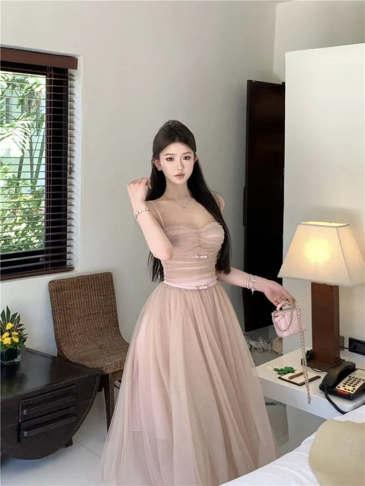 Hnewly  Woman Dress Bow Sleeveless Slash Neck Mesh Patchwork Princess Sweet Elegant Summer Fashion Party Dresses Female