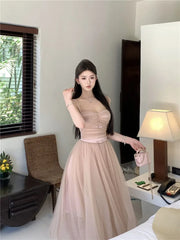 Hnewly  Woman Dress Bow Sleeveless Slash Neck Mesh Patchwork Princess Sweet Elegant Summer Fashion Party Dresses Female
