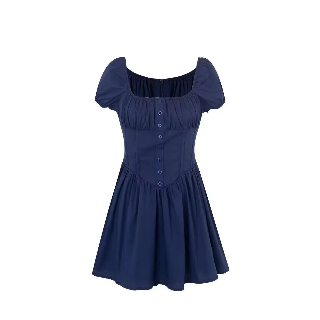 Hnewly  Women Navy Blue Ruched Chest Corset Style Short Puff Sleeve Dress Elastic Square Collar Low Waist Pleated Swing Mini Robe
