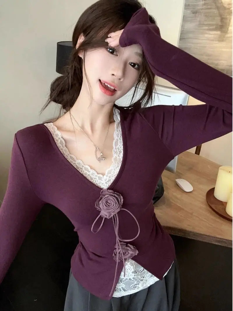 Hnewly  Lace Patchwork V-neck 3D Flower T-shirt for Women 2025 New Slim Waist Bottoming Tops Mujer Y2k Long Sleeve Tee Shirt