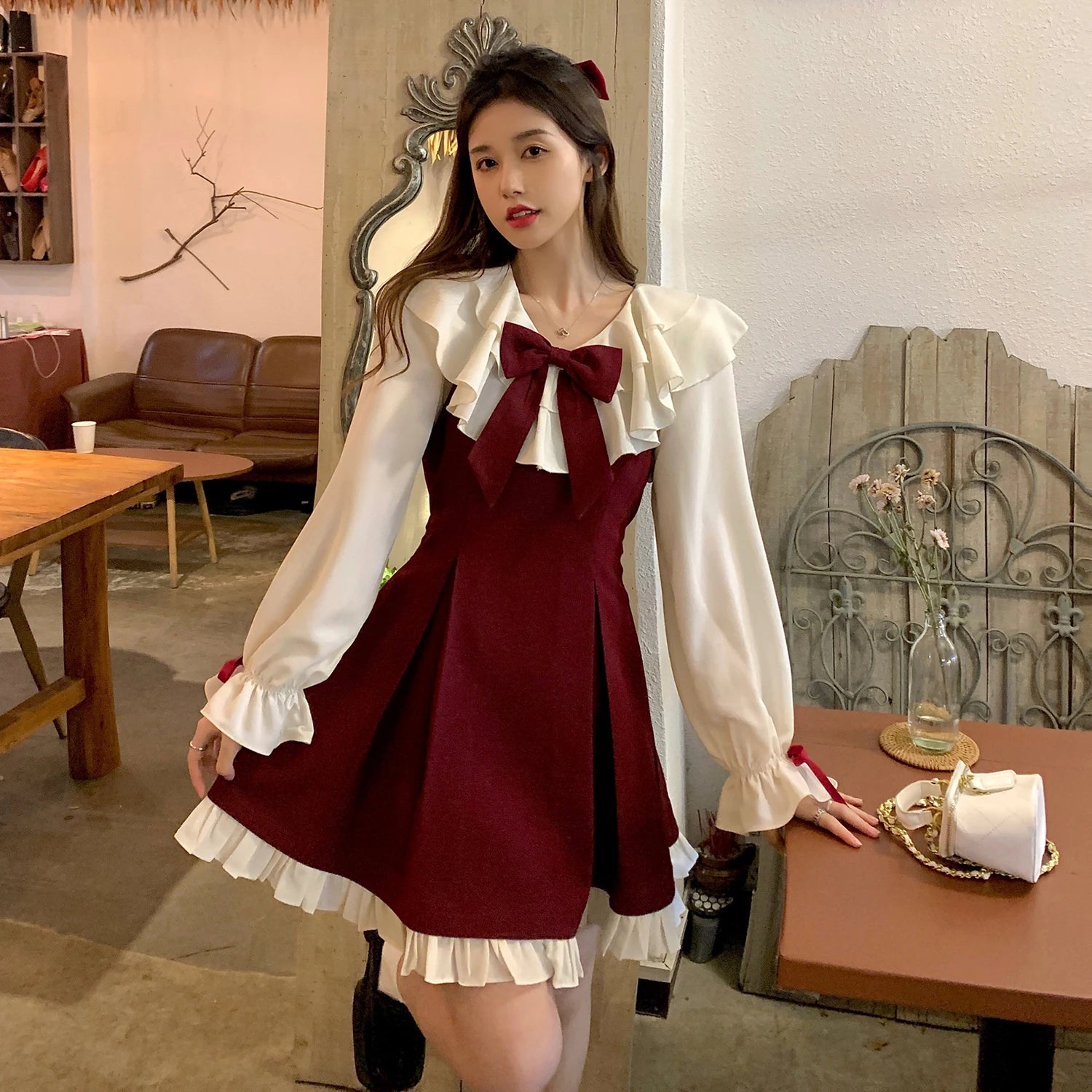 Hnewly Long Sleeve A-line Dress Women Princess Ruffles Bow Contrast Color Age-reducing Autumn Elegant Girlish Attractive Korean Style