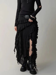 Hnewly  Gothic Black Y2k Skirts Women Gyaru 2000s Lace Irregular Long White Skirt Streetwear Irregular Ruffle Skirts Aesthetic