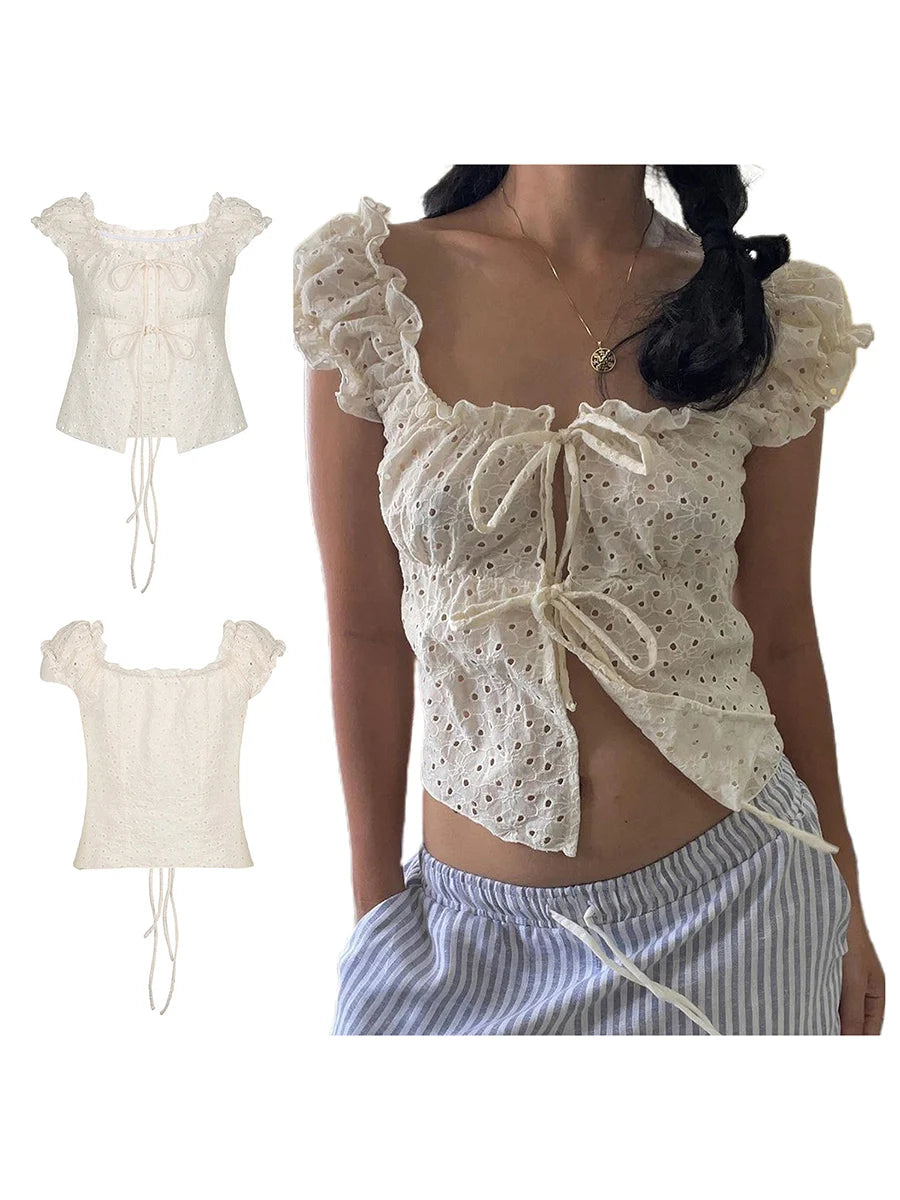Hnewly y2k Tank Top Women Coquette Clothes Ruffle Trim Hollow Out Square Neck Sleeveless Tie Up T Shirt 2000s Vest Streetwear