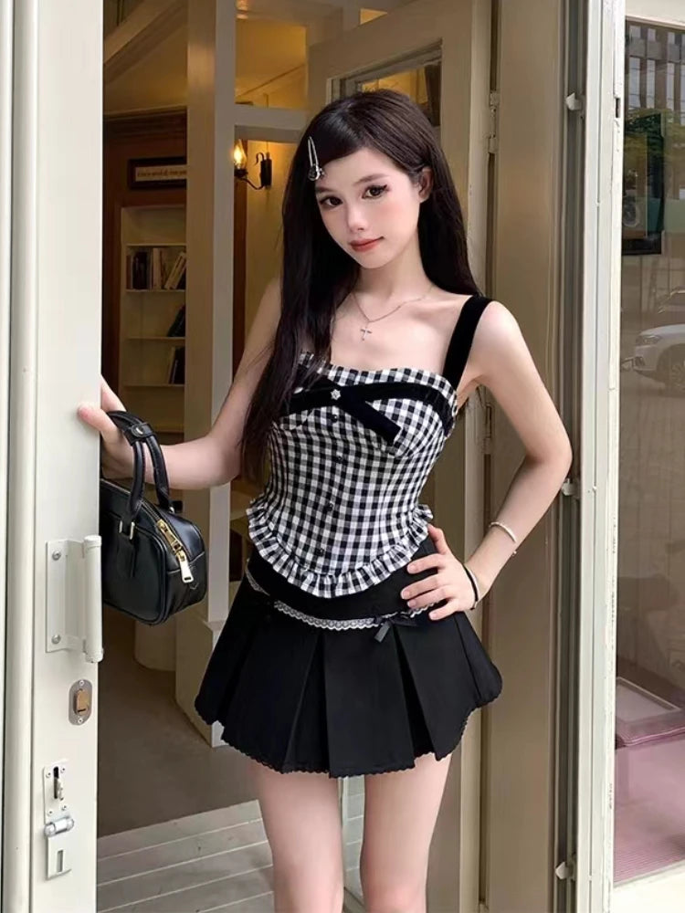 Hnewly DRESS TO IMPRESS Preppy Style 3 Piece Sets Women Casual Crop Tops + Vintage Plaid Vest + Lace Y2k Mini Skirt Slim Hot Girls Korean Fashion Suit