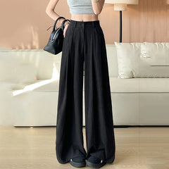 Hnewly  Summer Ice Silk Wide Leg Pants Women Korean Style High Waist Suit Trousers Woman Wild Pocket Loose Straight Pants Female