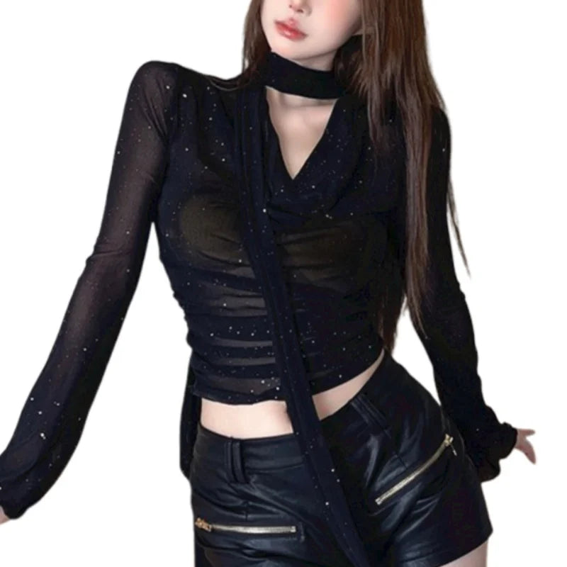 Hnewly y2k Mesh Shirt Women Party Glitter See Through Cowl Neck Long Sleeve Tops 2000s Aesthetic Clothing Club Streetwear