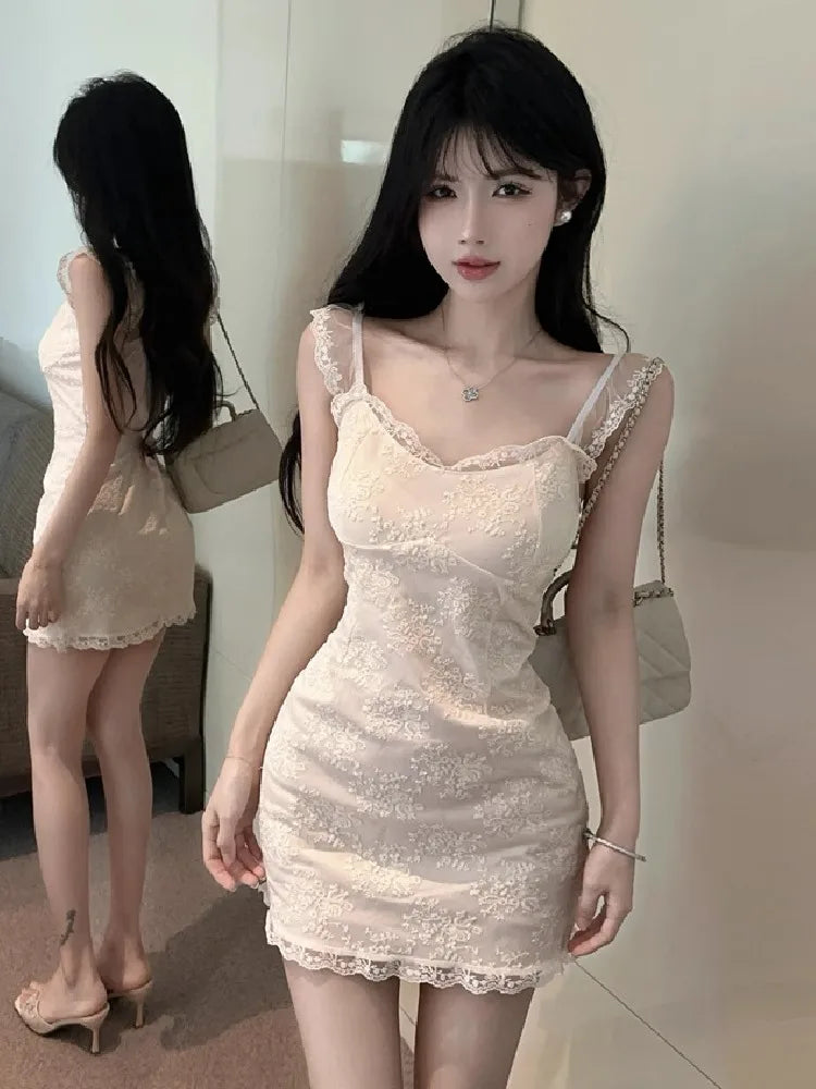 Hnewly  Women Dress Sleeveless Lace Patchwork Slash Neck Slim Elegant French Style Chic Party Mini Dresses Female Fashion