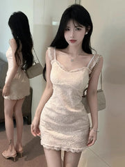 Hnewly  Women Dress Sleeveless Lace Patchwork Slash Neck Slim Elegant French Style Chic Party Mini Dresses Female Fashion