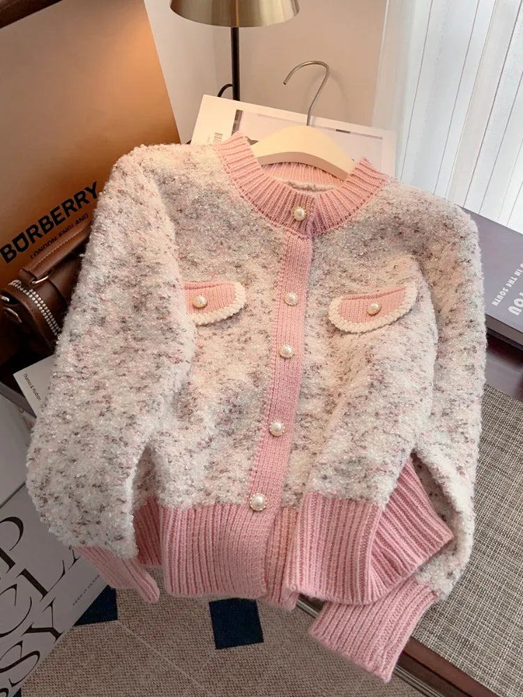Hnewly  Luxury Pearl Button Sweater Women O-Neck Long Sleeve Cardigan Coat  Single Breasted Warm Jacket Casual All-Matched Knitwear Top