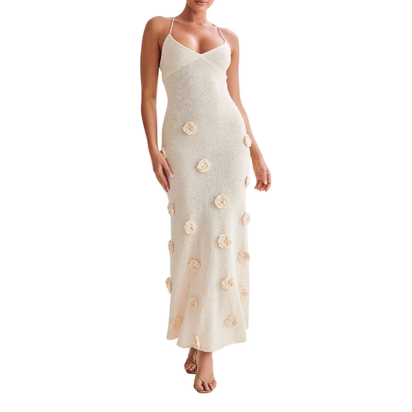 Hnewly Beach Dress Wear Women Summer 3D Flower Spaghetti Strap Sleeveless Backless Long Dresses Knitted Party Dresses