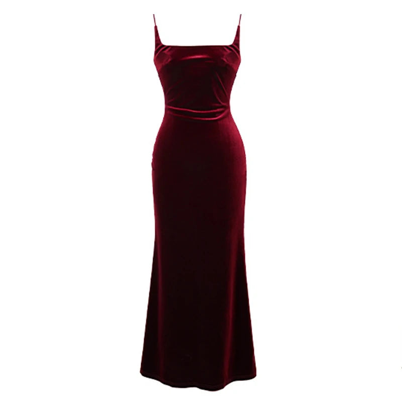 Hnewly prom dresses 2025 Elegant Annual Meeting Long Dress Women French Wine Red Black Velvet Strap Backless Slit Maxi Robe Femme Bottom Party Vestidos
