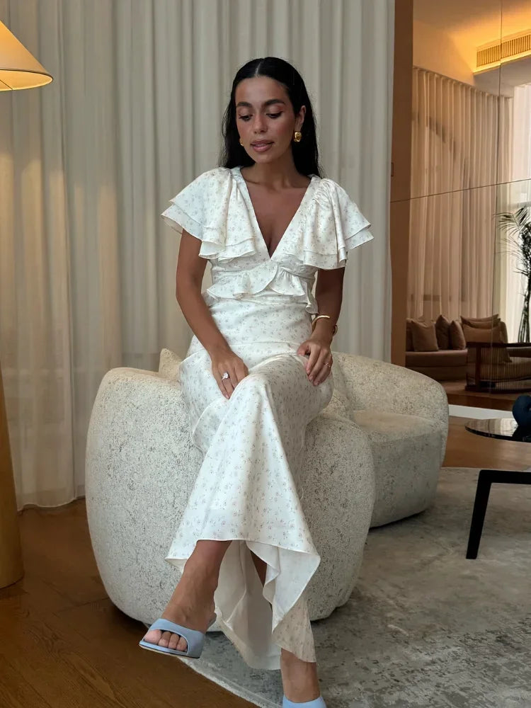 Hnewly Fashion Printed V-neck Slim Fit Maxi Vestido Women's Chic Floral Short Flare Sleeve High Waist Ruffle Dress 2025 Lady Party Wear