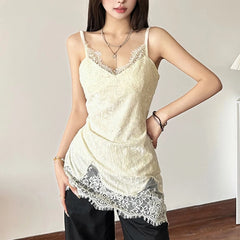 Hnewly y2k Tops Women Coquette Clothing Solid Color V Neck Lace Patchwork Spaghetti Strap Sleeveless Camisole Vest Streetwear