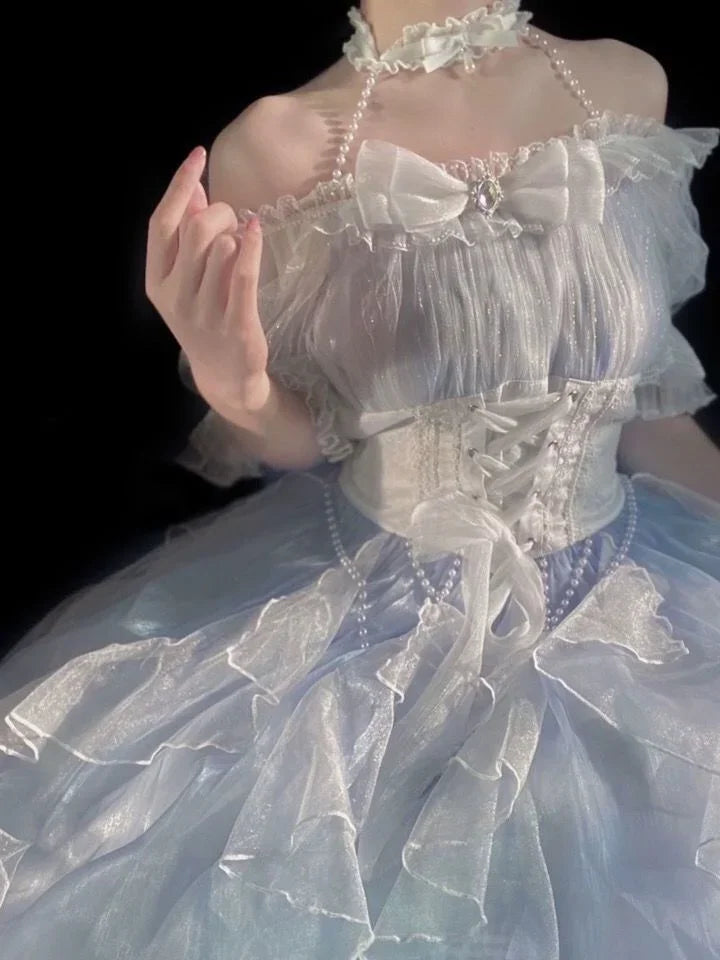 Hnewly French Romantic Style Lolita Op Elegant Girl Cosplay Princess Puff Sleeve Ribbon Bowknot Flower Tunic Mesh Fantastic Fairy Dress