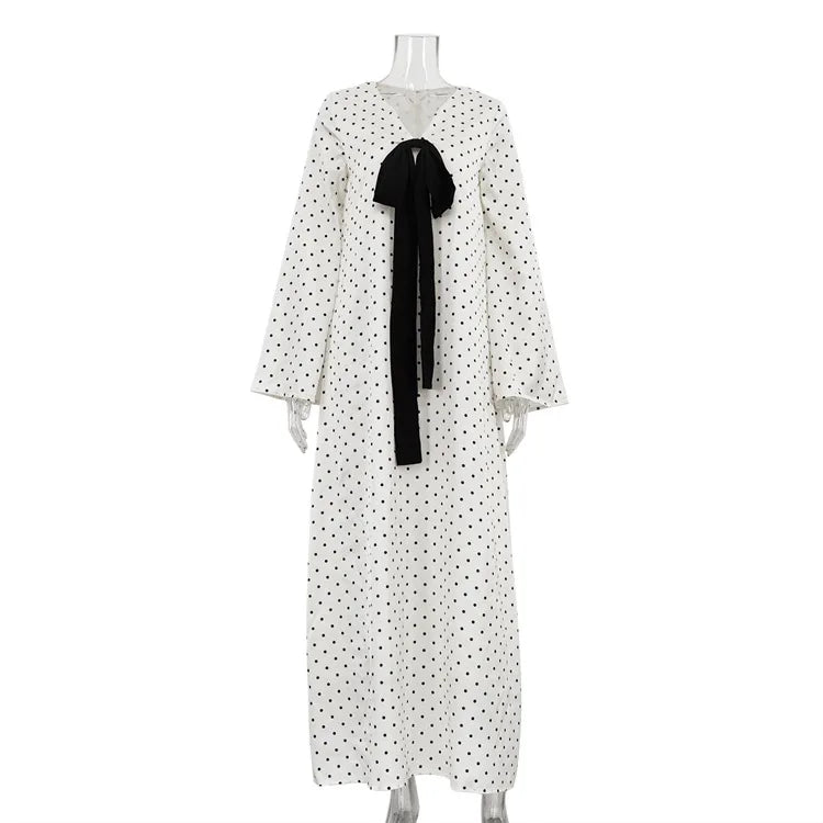 Hnewly  Bow V-Neck Printed Polka Dots Dress Women's Fashion Long Sleeves Loose Leisure Long Dress Autumn Grace Commuting Dress
