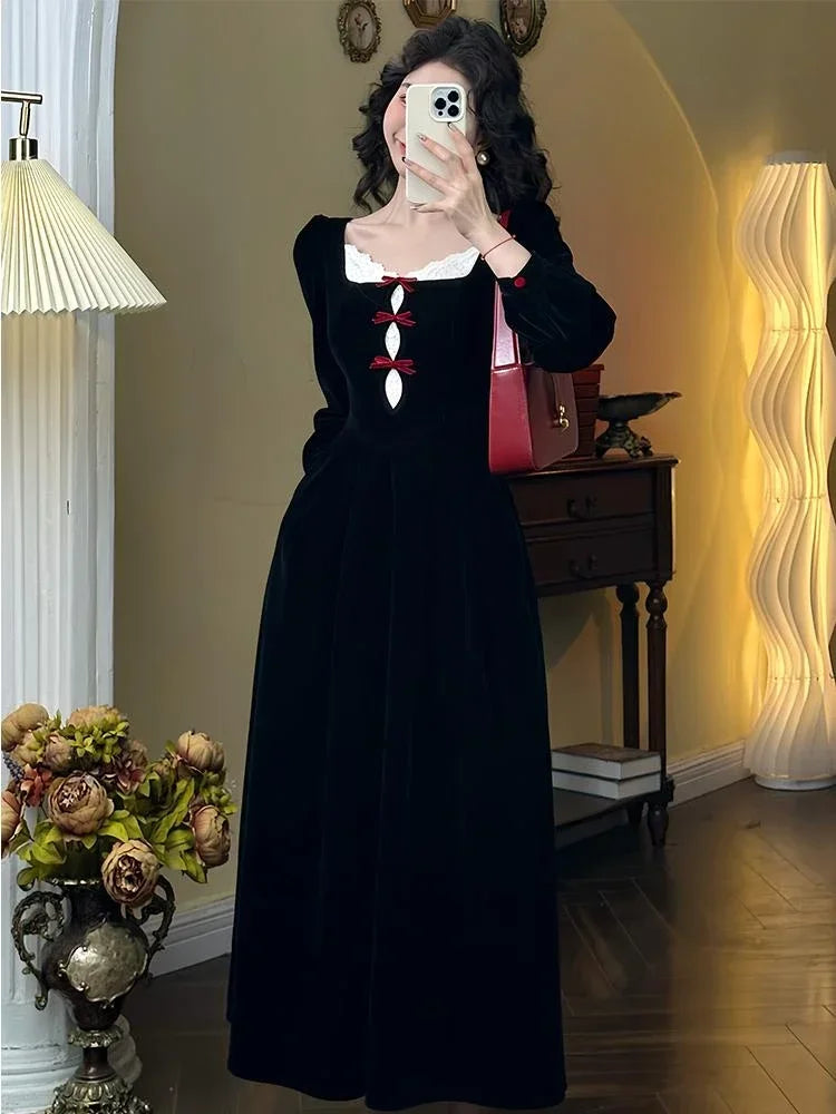 Hnewly French Elegant Retro Sweet One Piece Mini Party Dress Female Y2k Korean Fairy Lace Slim Dress Black Office Lady Autumn Winter