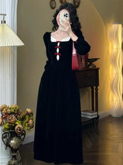 Hnewly French Elegant Retro Sweet One Piece Mini Party Dress Female Y2k Korean Fairy Lace Slim Dress Black Office Lady Autumn Winter