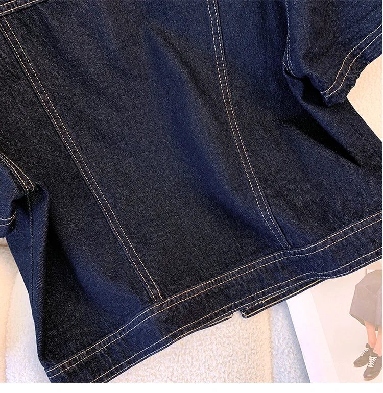 Hnewly  Deep Blue Short Sleeve Denim Jacket For Women Spring/Summer Lapel  Single Breasted Korean Loose All-Match Short Casual Top