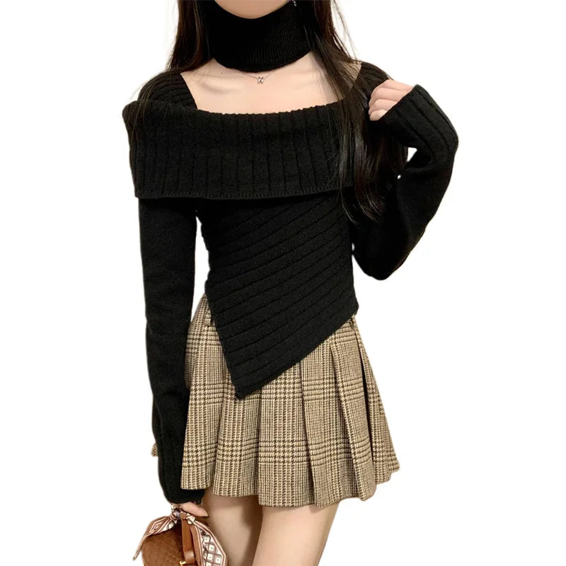 Hnewly Sweater y2k Clothes Women Coquette Off Shoulder Long Sleeve Irregular Hem Knitted Halter Tops 2000s Clothing Streetwear