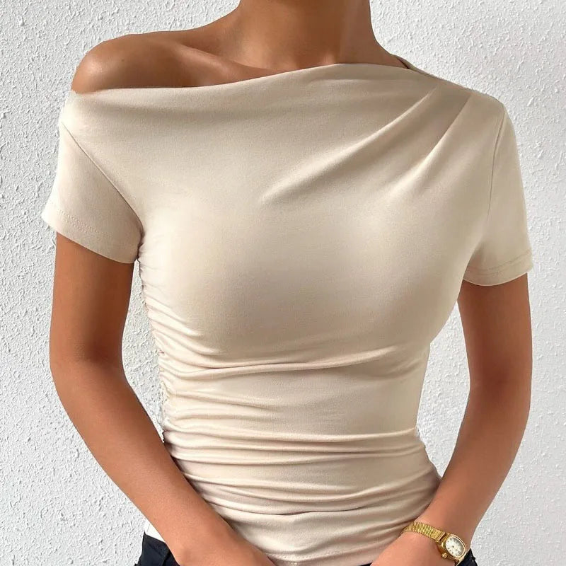 Hnewly Solid One Shoulder T-shirt, Elegant Short Sleeve Ruched Top For Spring & Summer, Women's Clothing
