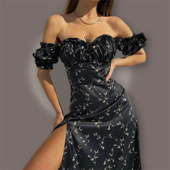 Hnewly  Summer Floral Off Shoulder Puff Sleeve Maxi Dress For Woman Robe Sexy Lace Up Side Split Chic Mid-Calf Aesthetic Dress