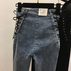 Hnewly Jeans Women Lace-up Skinny All-match Zipper Simple Trendy Ankle-Length Trousers Womens Spring Autumn Slim Female High Quality