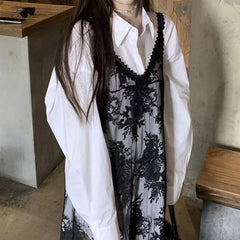 Hnewly  Lace Floral Transparent Dresses Women Black Sexy Long Dress Korean Sleeveless Holiday Dress Vacation Streetwear Party