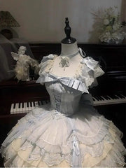 Hnewly  Blue Lolita Style Dress for Girls Women Slim Fit Sweet Elegant Kawaii Dress with Bow Lace Stitching Birthday Party Dress Vestido