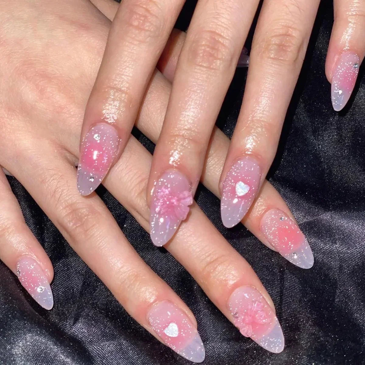 Hnewly 24Pcs Pink Almond French Press on Nails With 3D Bow ripple charms Design Fake Nails Ballerina False Nails Full Cover Nail Tips