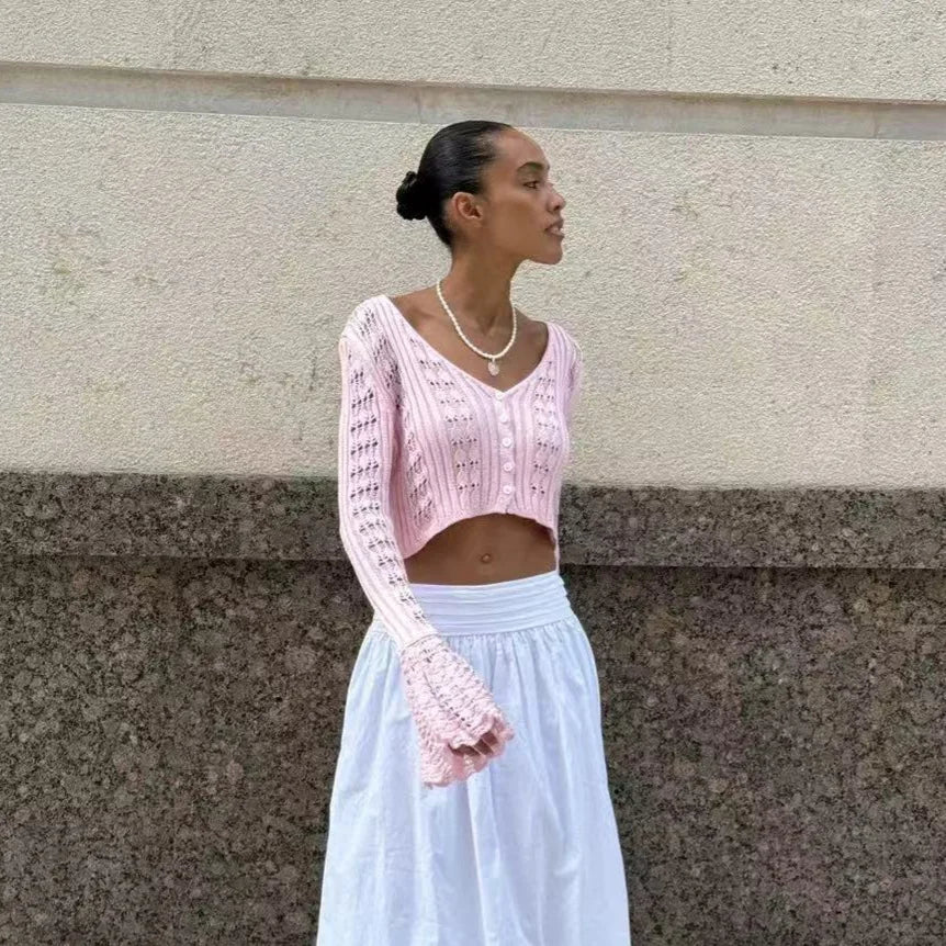 Hnewly New Knit Flare Sleeve V-neck Hollow Out Short Coat Fashion Casual Button Transparent Summer Cardigan Top Cover-up Jacket