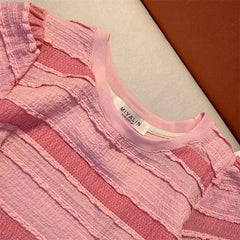 Hnewly  Pink Striped T-shirt Women's Sweet Dopamine  Korean Style Short Top Classic Round Neck Versatile Short Sleeved Tee