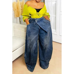 Hnewly  Y2K Women Loose Denim Jeans Asymmetric Button Pocket Washed Jean Casual Harajuku High Street Grunge Denim Trouders Pants