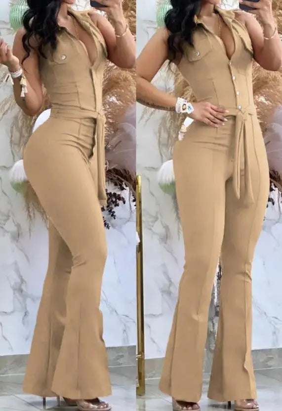 Hnewly Jumpsuit Women Sexys Turn Down Collar Sleeveless Skinny Flared Jumpsuits One Piece Outfit Fashion Clothes Overall Rompers
