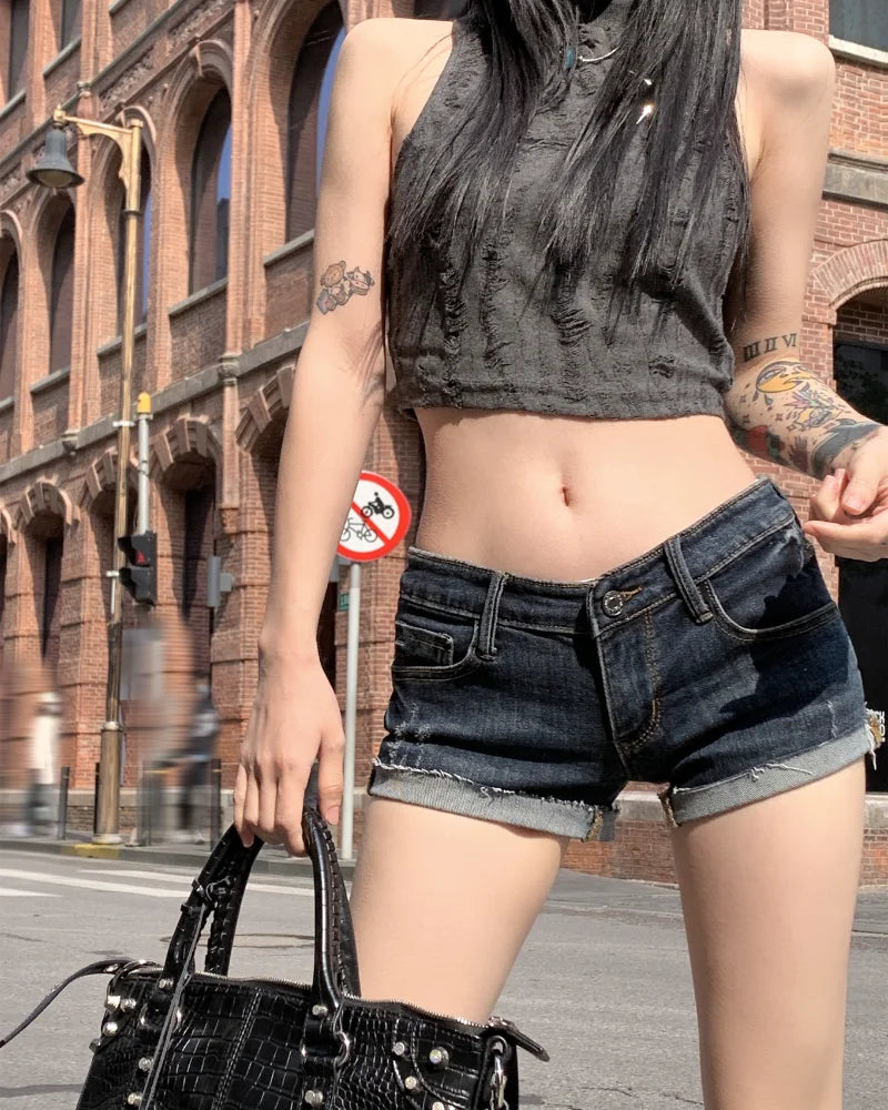 Hnewly Women's Low Rise Elastic Tight Curled Denim Shorts Summer New Hot Girl Street Casual Hip Wrap Sexy Mini Shorts Female