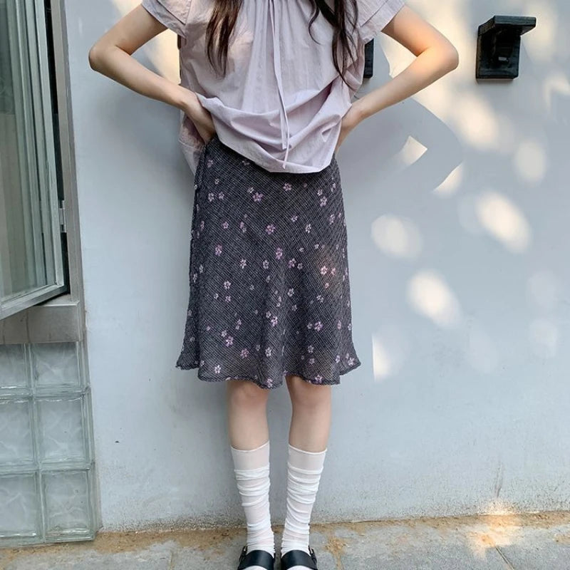Hnewly  Vintage Floral Skirt Women Japanese Style Elegant Sweet Mid Skirt Black Harajuku Y2k Fashion Short Skirts Aesthetics