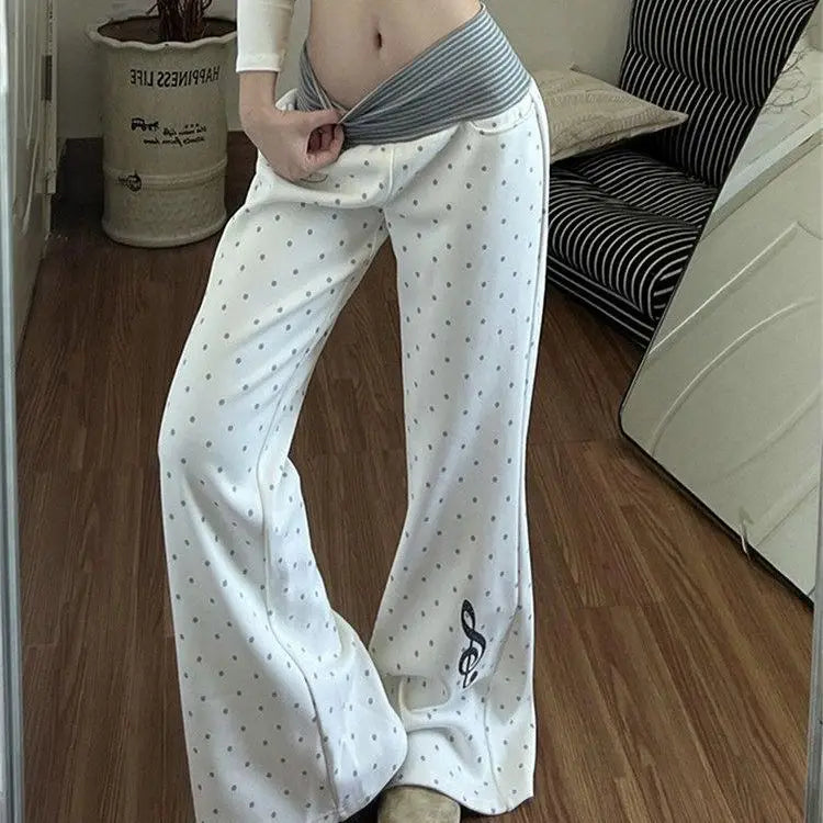 Hnewly  Y2k Aesthetic Polka Dot Printing Womans Pantalones Harajuku Stripe Patchwork Flare Pants Vintage Grunge High Waist Trousers