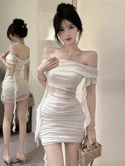 Hnewly  Woman Dress Strapless Ruffles Sweet Off Shoulder Patchwork Slim Sweet Backless Summer Fashion Party Mini Dresses Sexy