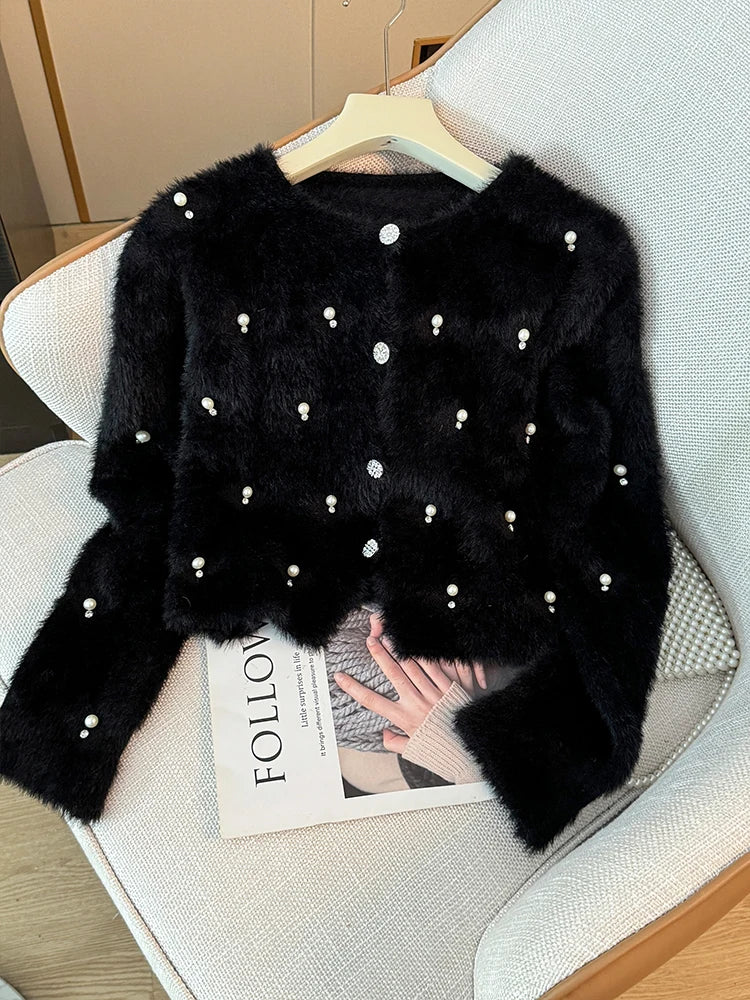 Hnewly  Beading O-Neck Plush Long Sleeved Sweater  Women's Autumn Loose Soft Glutinous Knit Cardigan Elegant Single Breasted Short Top