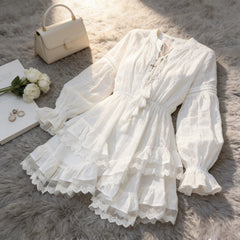Hnewly  French Holiday Style Sweet Lace Dress Women's Long Sleeve Waist Cinched Slimming Irregular Skirt High Waist V-neck Knitted Fa...