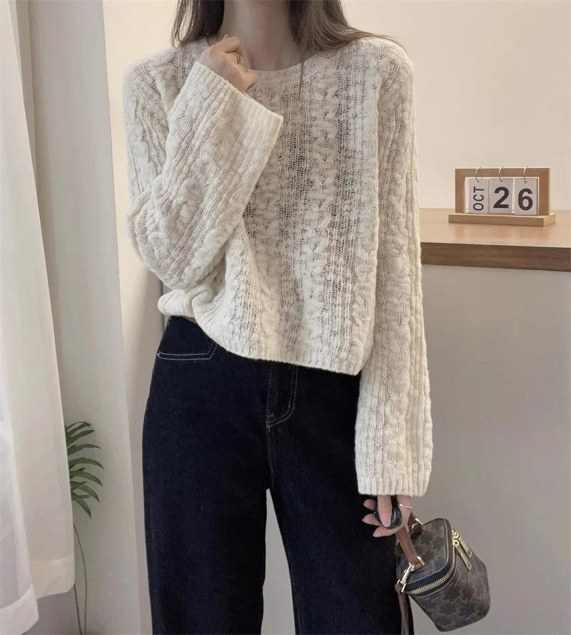 Hnewly  Cable Knit Crop Sweater for Women Long Sleeve Crew Neck Pullover Boxy-fit Plain Jumper Teen-girl Fall Winter Y2K Outfit