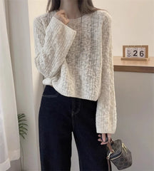 Hnewly  Cable Knit Crop Sweater for Women Long Sleeve Crew Neck Pullover Boxy-fit Plain Jumper Teen-girl Fall Winter Y2K Outfit