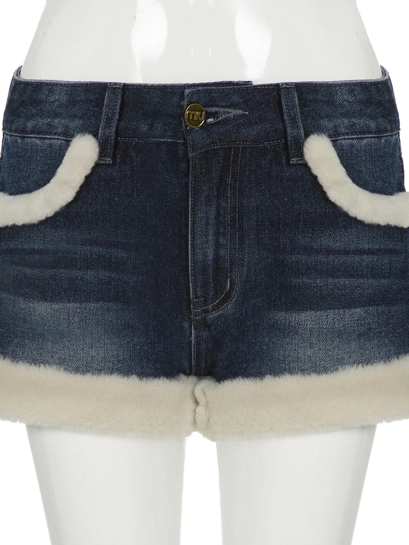 Hnewly Casual Sweet Fur Trim Denim Shorts Korean Style Cute Basic Slim Low-Waisted Shorts Women Winter Fashion Streetwear